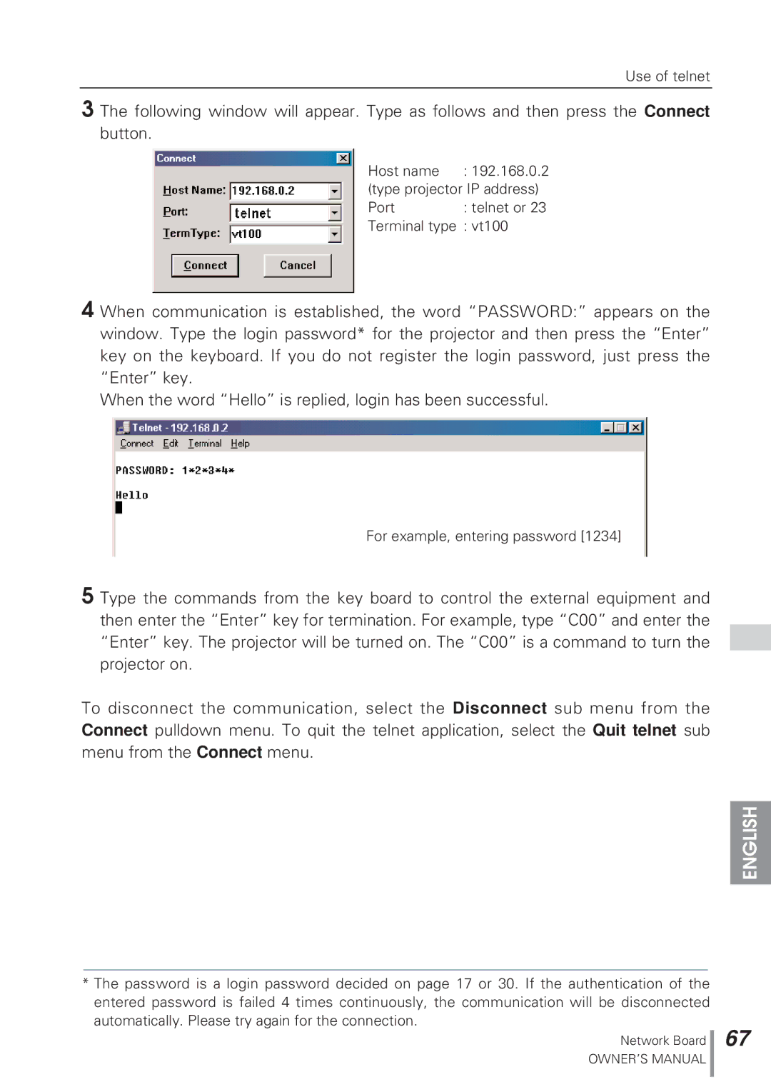 Eiki MD13NET owner manual Use of telnet 