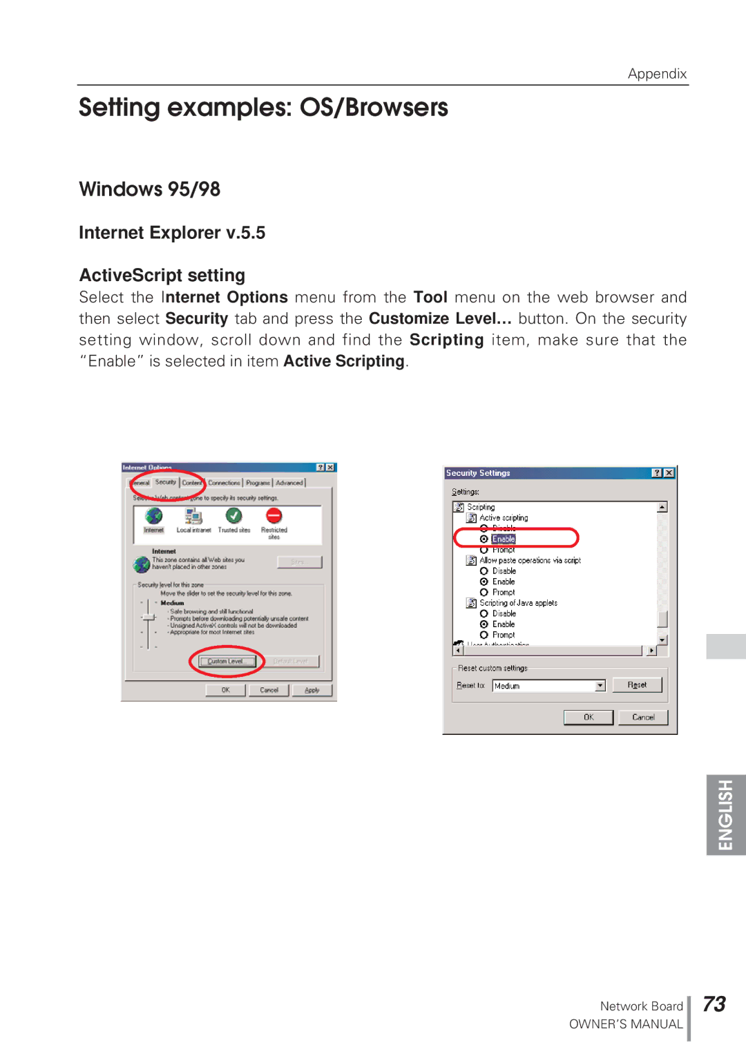 Eiki MD13NET owner manual Setting examples OS/Browsers, Windows 95/98, Internet Explorer ActiveScript setting 