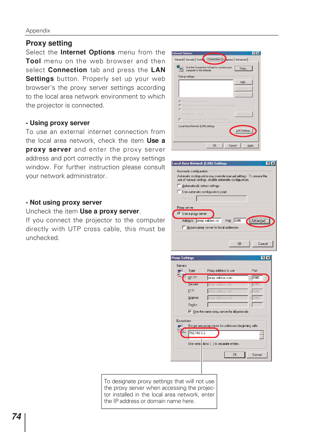 Eiki MD13NET owner manual Proxy setting, Using proxy server 