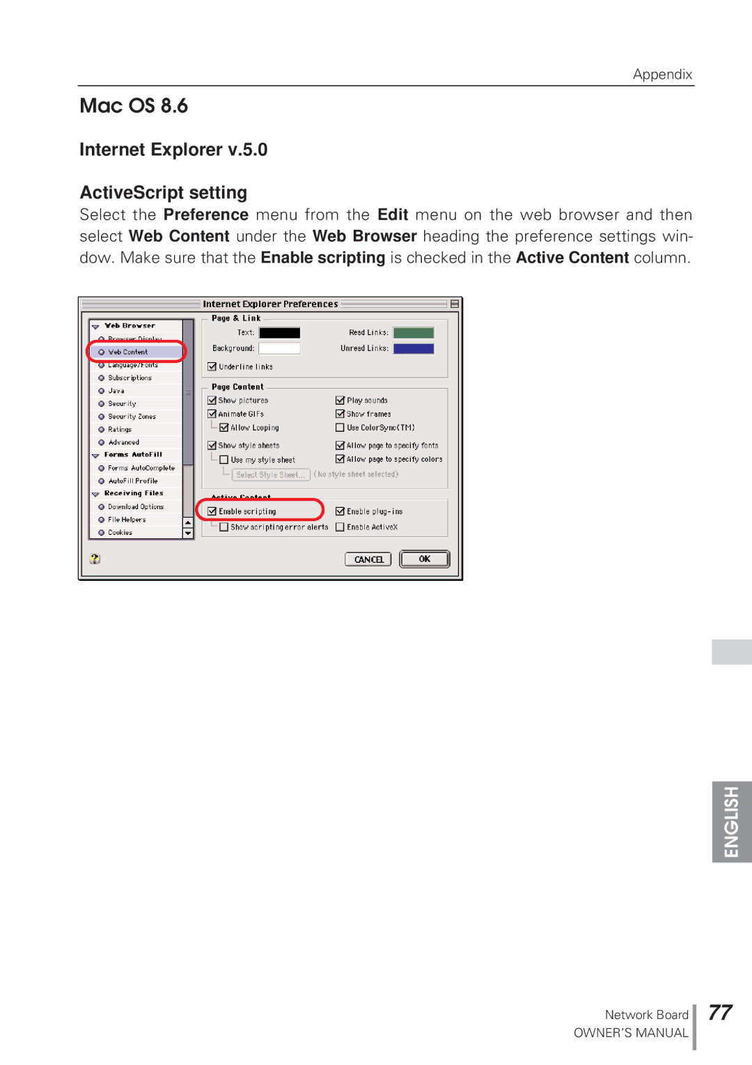 Eiki MD13NET owner manual Mac OS, Internet Explorer ActiveScript setting 