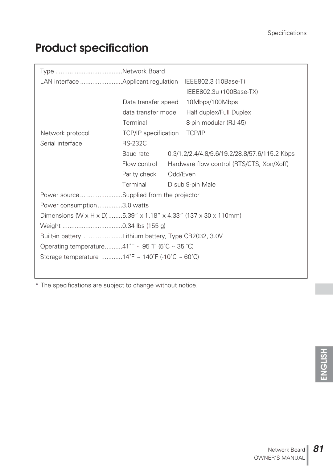 Eiki MD13NET owner manual Product specification, Tcp/Ip 