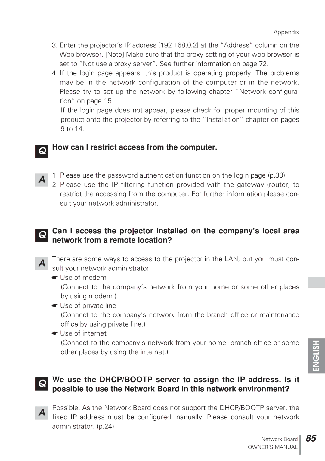 Eiki MD13NET owner manual How can I restrict access from the computer 