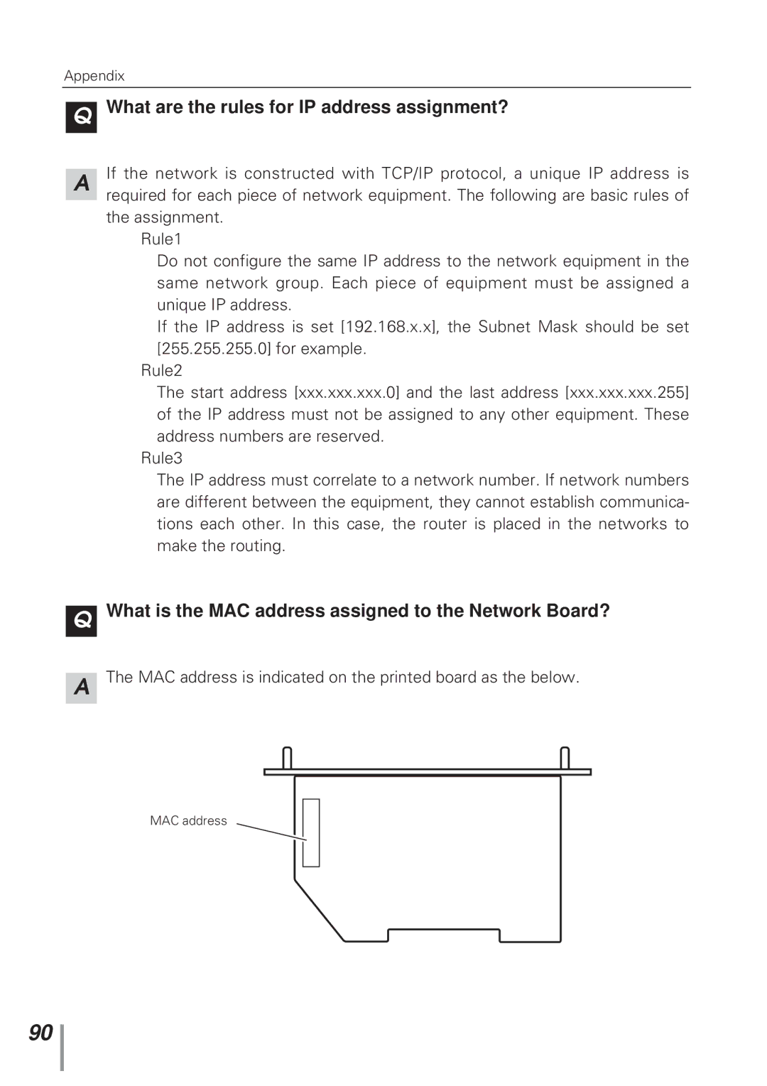 Eiki MD13NET What are the rules for IP address assignment?, What is the MAC address assigned to the Network Board? 