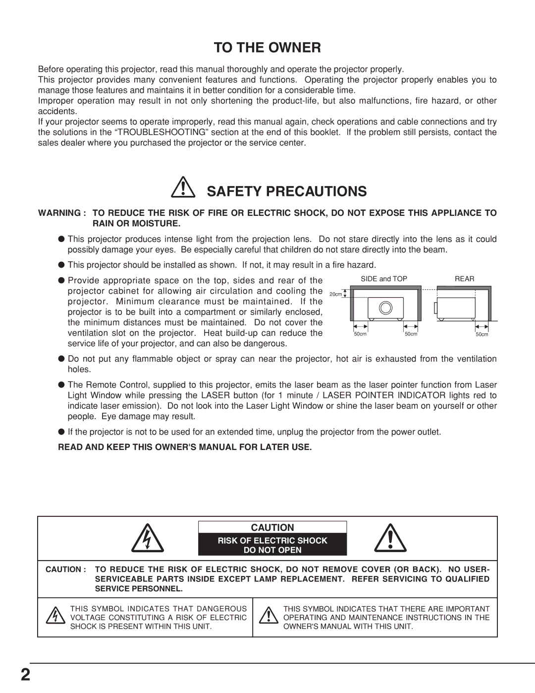 Eiki MODEL LC-SB10 owner manual To the Owner 