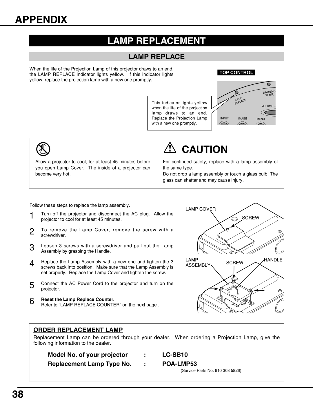 Eiki MODEL LC-SB10 owner manual Appendix, Lamp Replacement, Reset the Lamp Replace Counter 