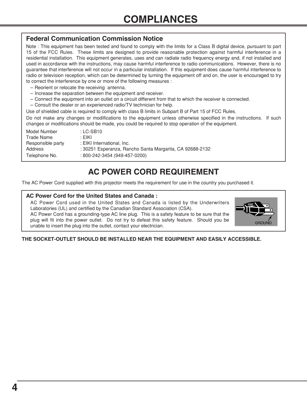 Eiki MODEL LC-SB10 owner manual Compliances, Federal Communication Commission Notice 