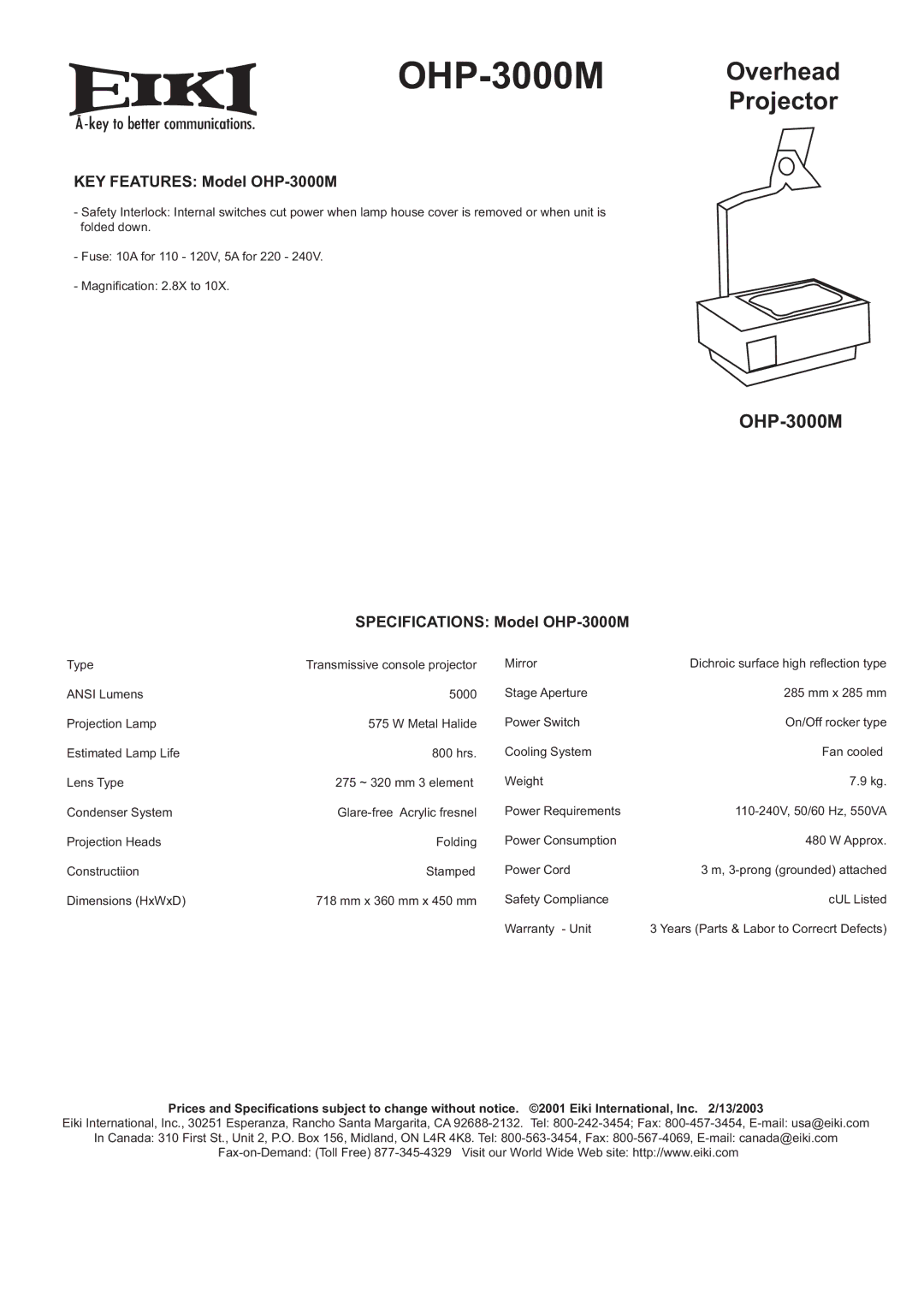 Eiki specifications Overhead Projector, KEY Features Model OHP-3000M, Specifications Model OHP-3000M 