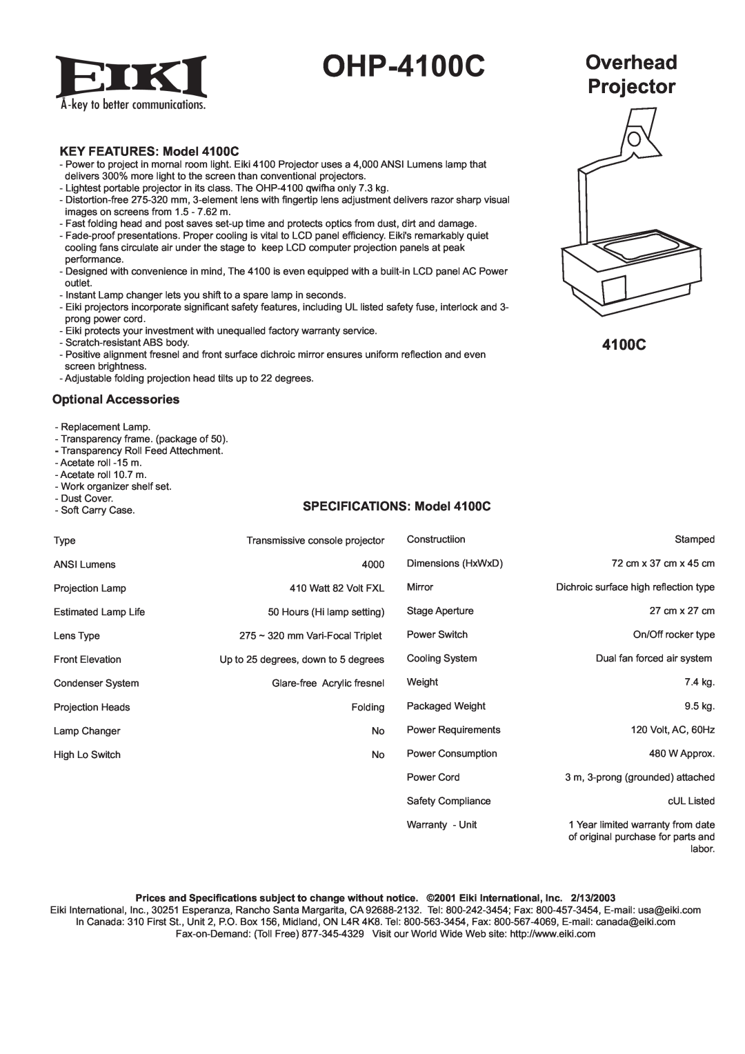 Eiki OHP-4100A specifications OHP-4100C, Overhead Projector, KEY FEATURES Model 4100C, Optional Accessories 