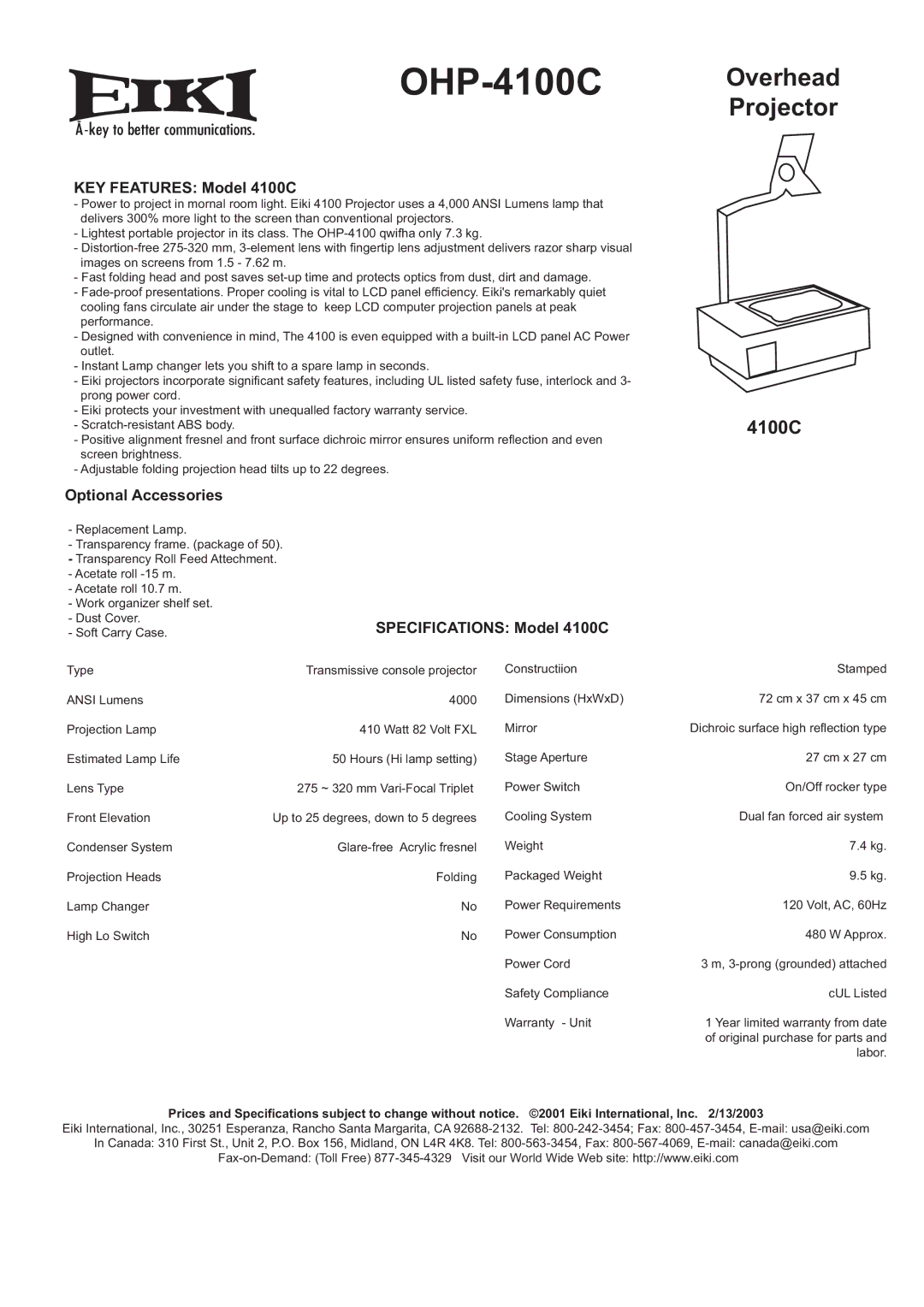 Eiki OHP-4100A specifications OHP-4100C, Overhead Projector 