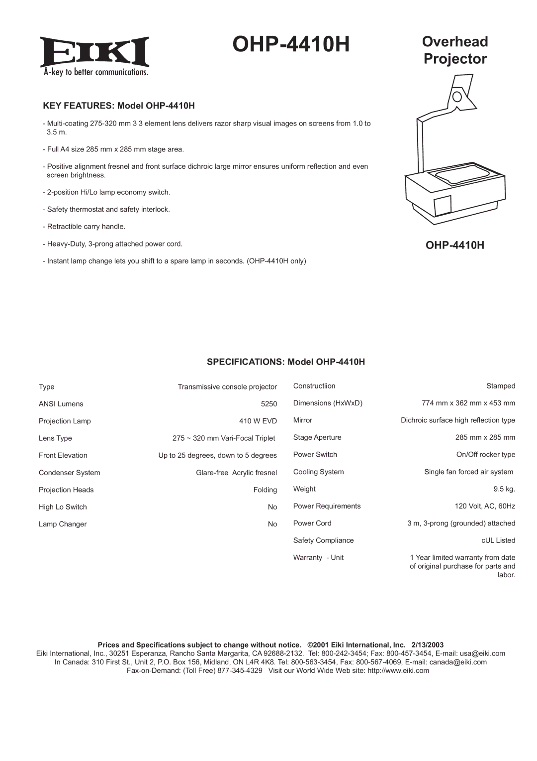 Eiki specifications Overhead Projector, KEY Features Model OHP-4410H, Specifications Model OHP-4410H 