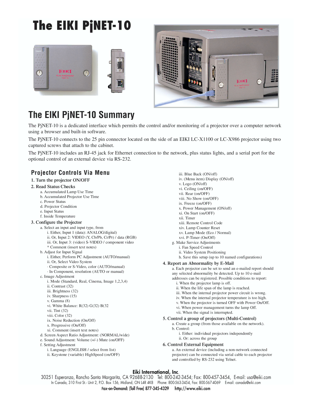 Eiki manual Eiki PjNET-10 Summary, Projector Controls Via Menu, Eiki International, Inc 