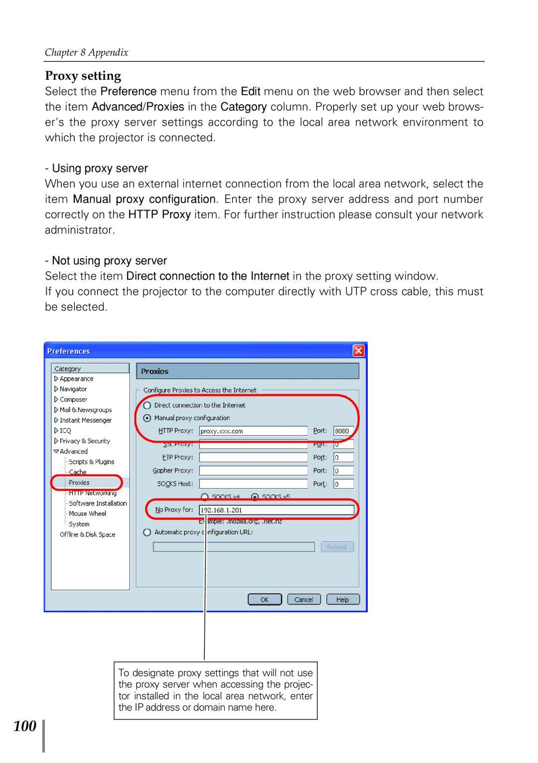 Eiki PjNET-20 owner manual Proxy setting 