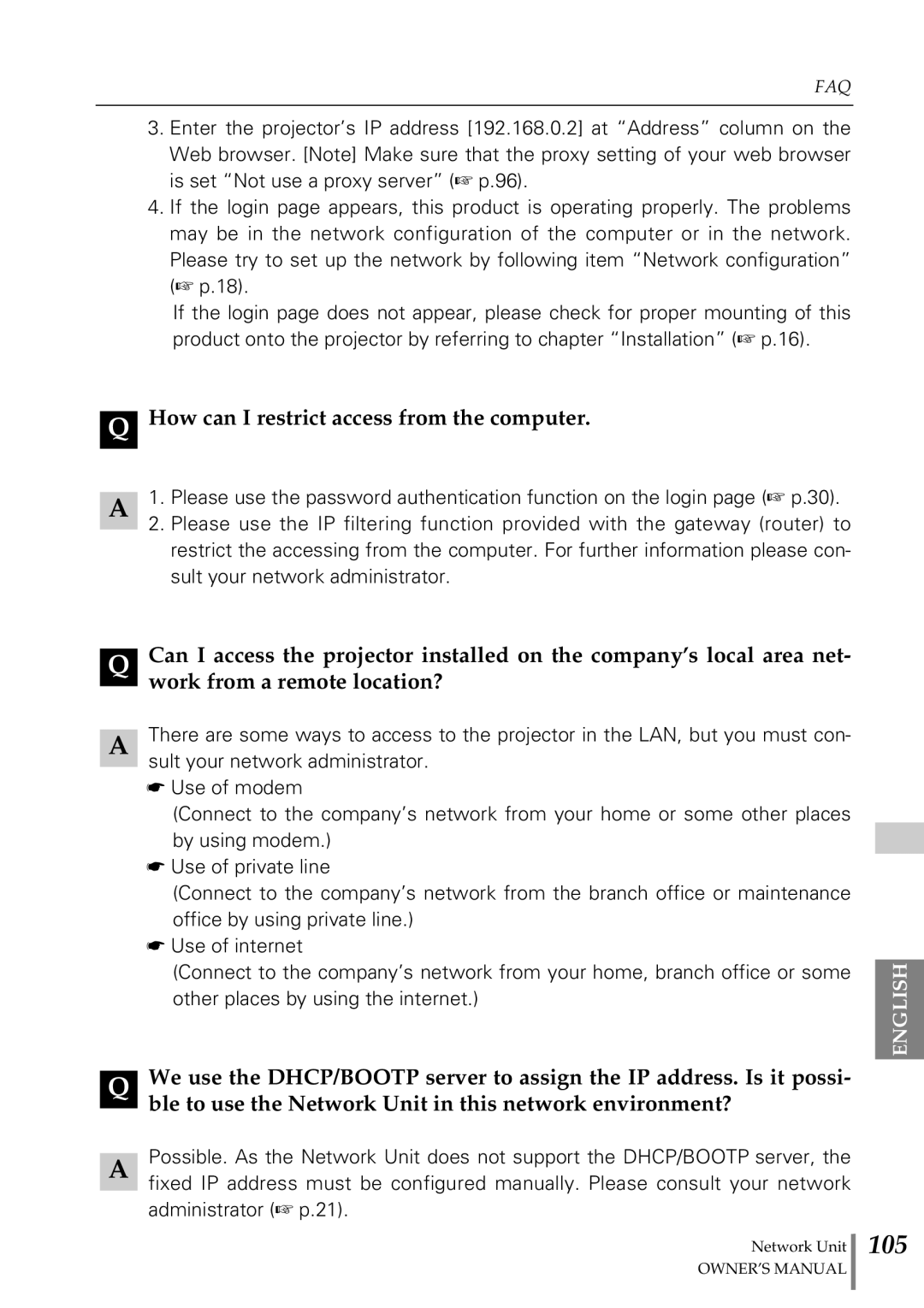 Eiki PjNET-20 owner manual Q How can I restrict access from the computer 
