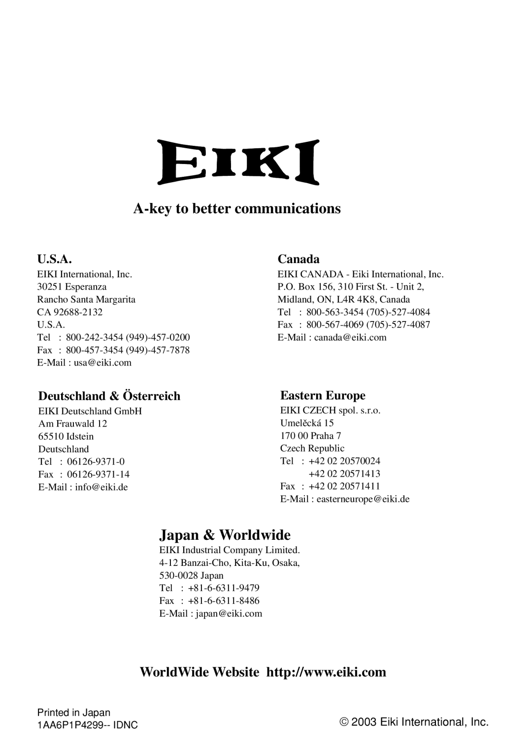 Eiki PjNET-20 U.S.A, Canada, Deutschland & Österreich, Eastern Europe, A-key to better communications, Japan & Worldwide 