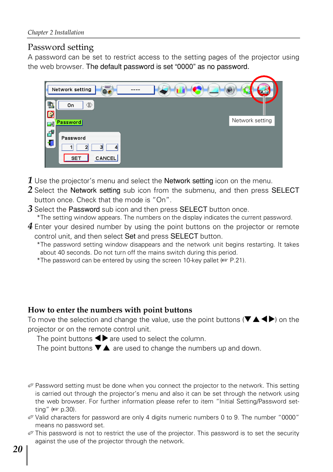 Eiki PjNET-20 owner manual Password setting, How to enter the numbers with point buttons 