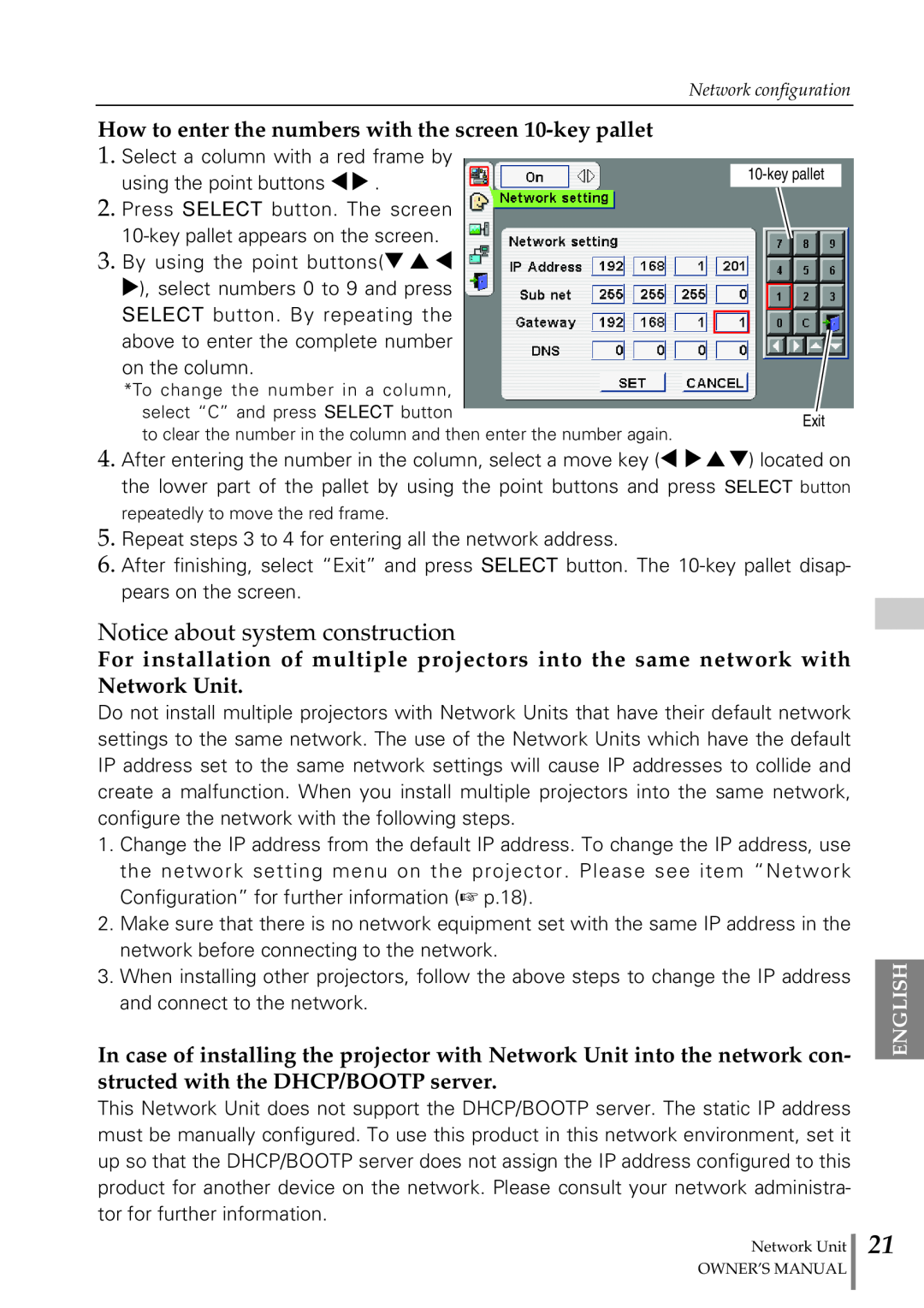 Eiki PjNET-20 owner manual Notice about system construction, How to enter the numbers with the screen 10-key pallet 