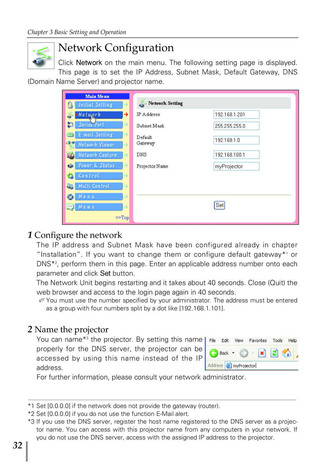 Eiki PjNET-20 owner manual Network Configuration, Configure the network, Name the projector 