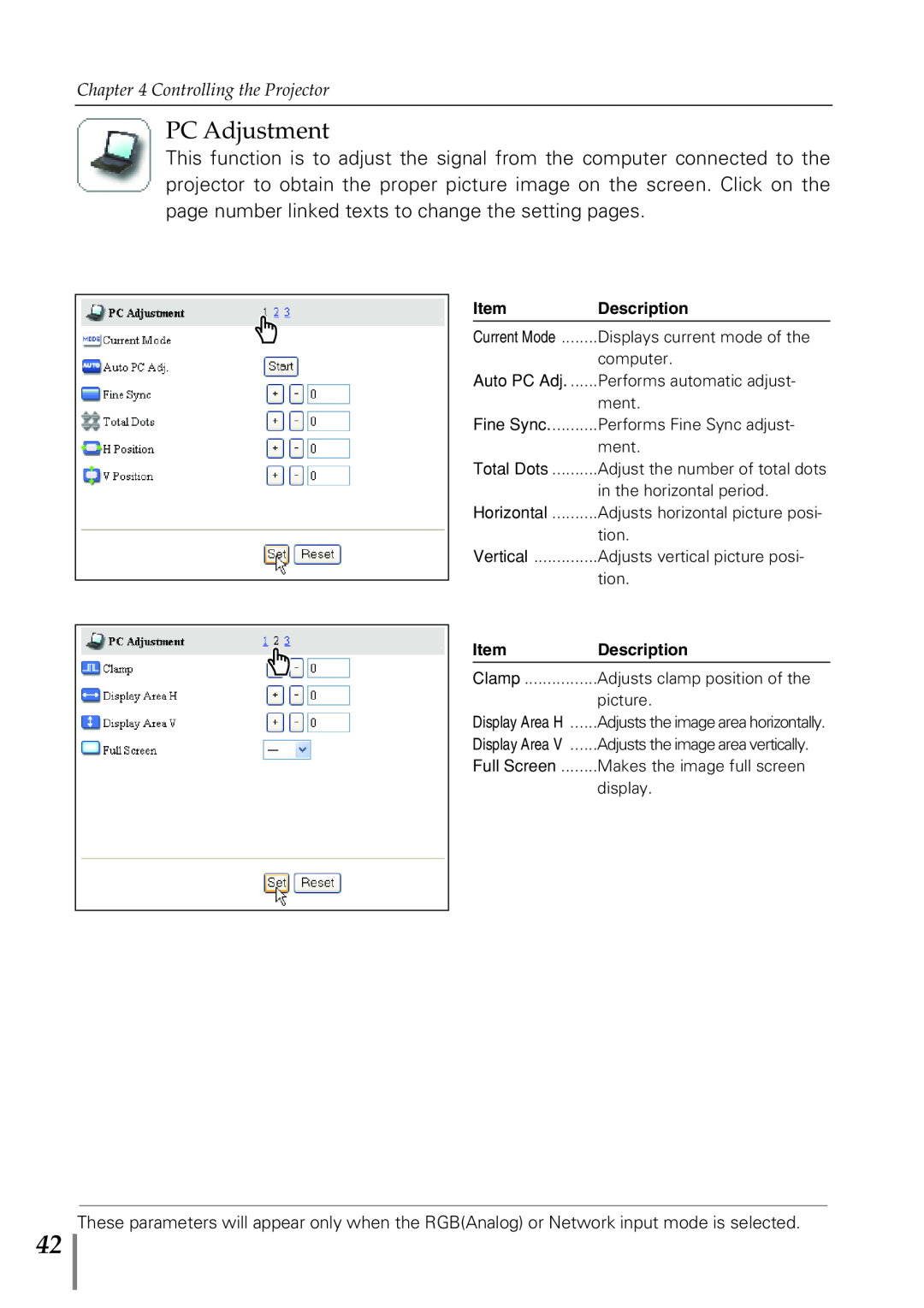 Eiki PjNET-20 owner manual PC Adjustment, Controlling the Projector, Description, Auto PC Adj, Horizontal, Full Screen 