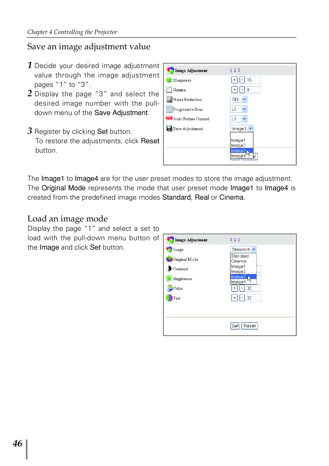 Eiki PjNET-20 owner manual Save an image adjustment value, Load an image mode 