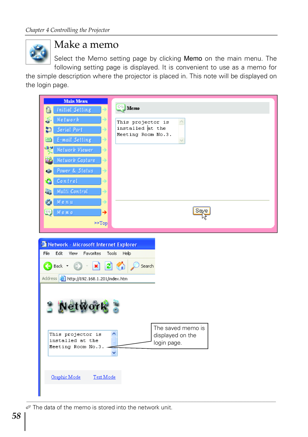 Eiki PjNET-20 owner manual Make a memo, the login page, Controlling the Projector 