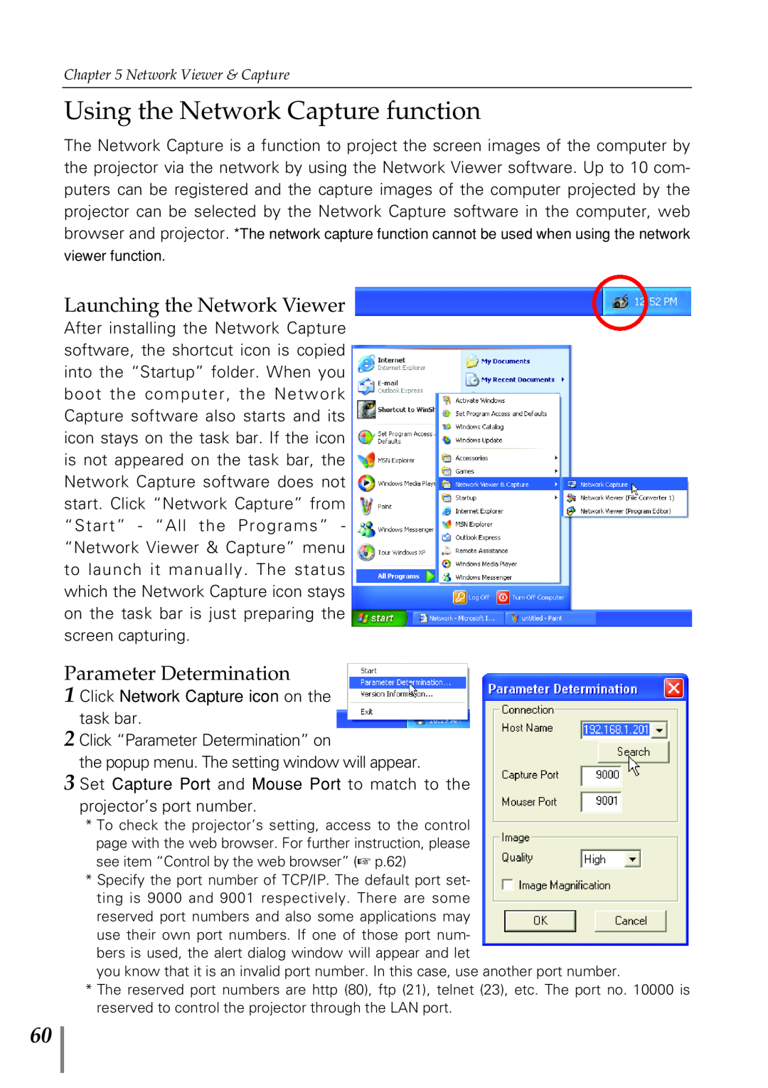Eiki PjNET-20 owner manual Using the Network Capture function, Launching the Network Viewer, Parameter Determination 
