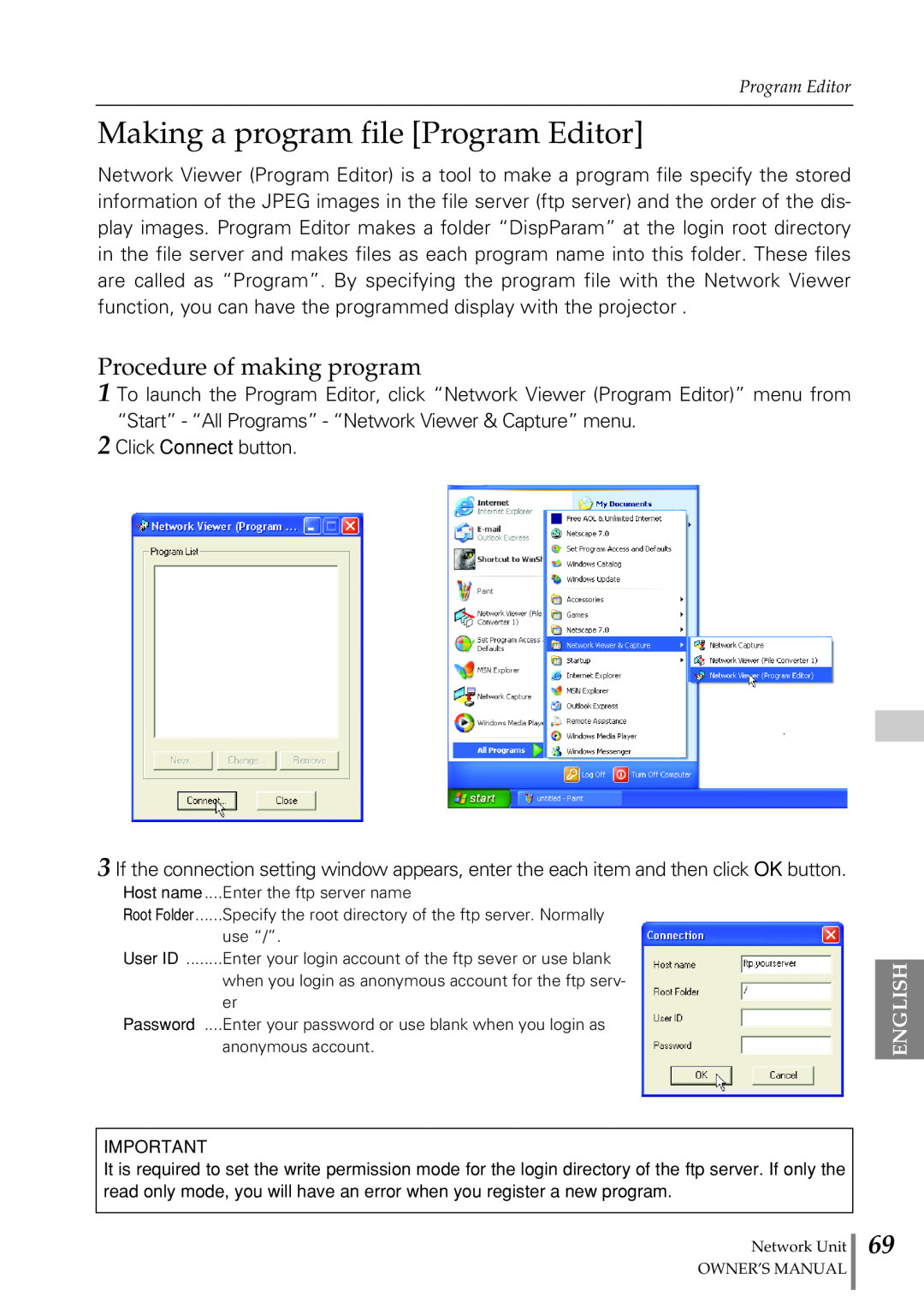 Eiki PjNET-20 owner manual Making a program file Program Editor, Procedure of making program, English 