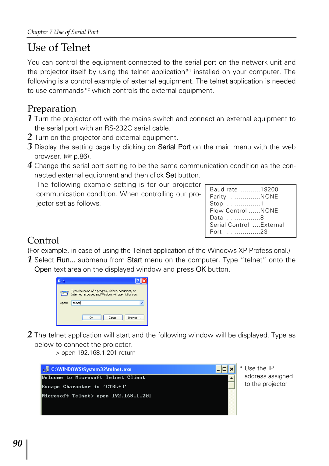 Eiki PjNET-20 owner manual Use of Telnet, Preparation, Control 