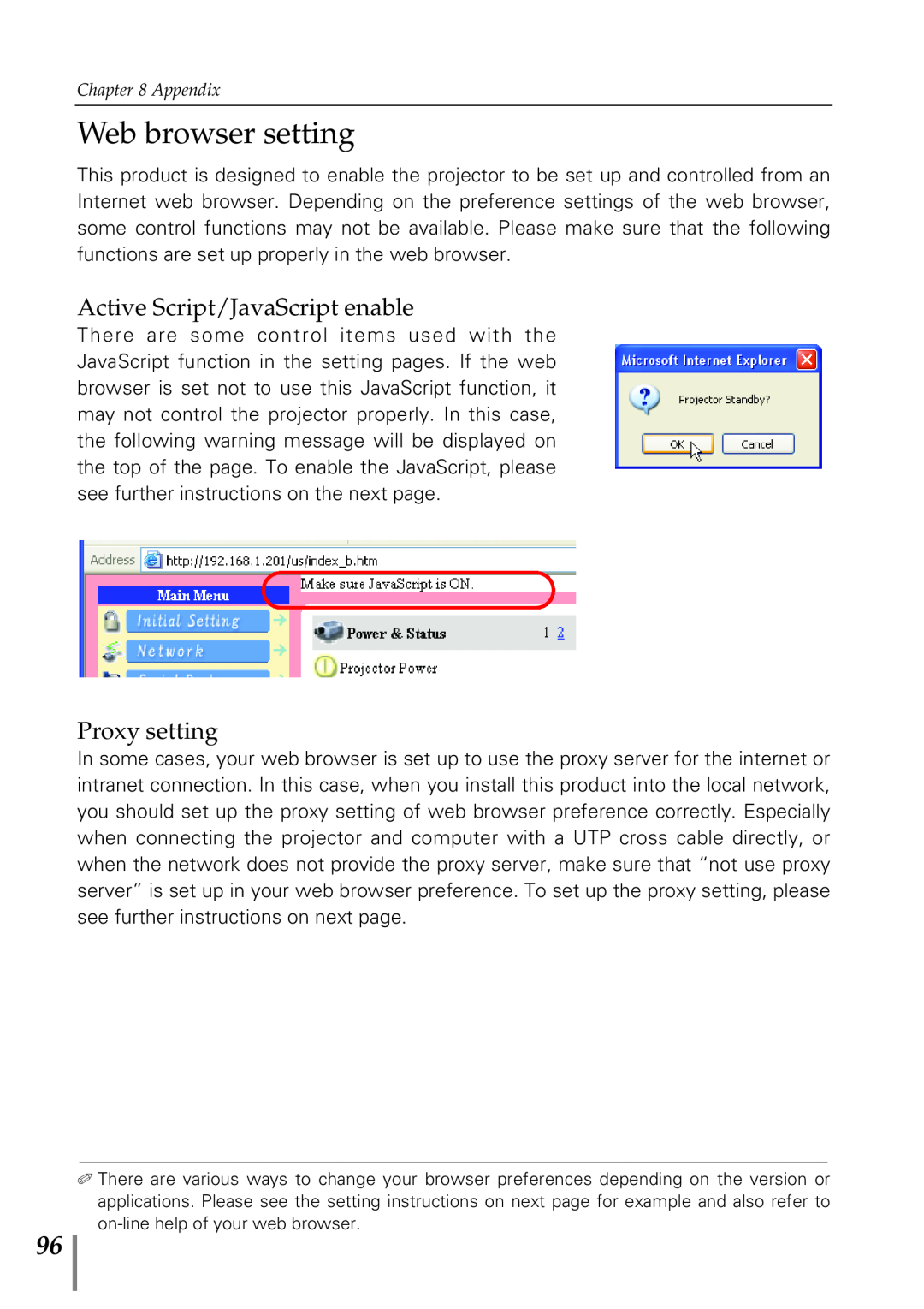Eiki PjNET-20 owner manual Web browser setting, Active Script/JavaScript enable, Proxy setting 