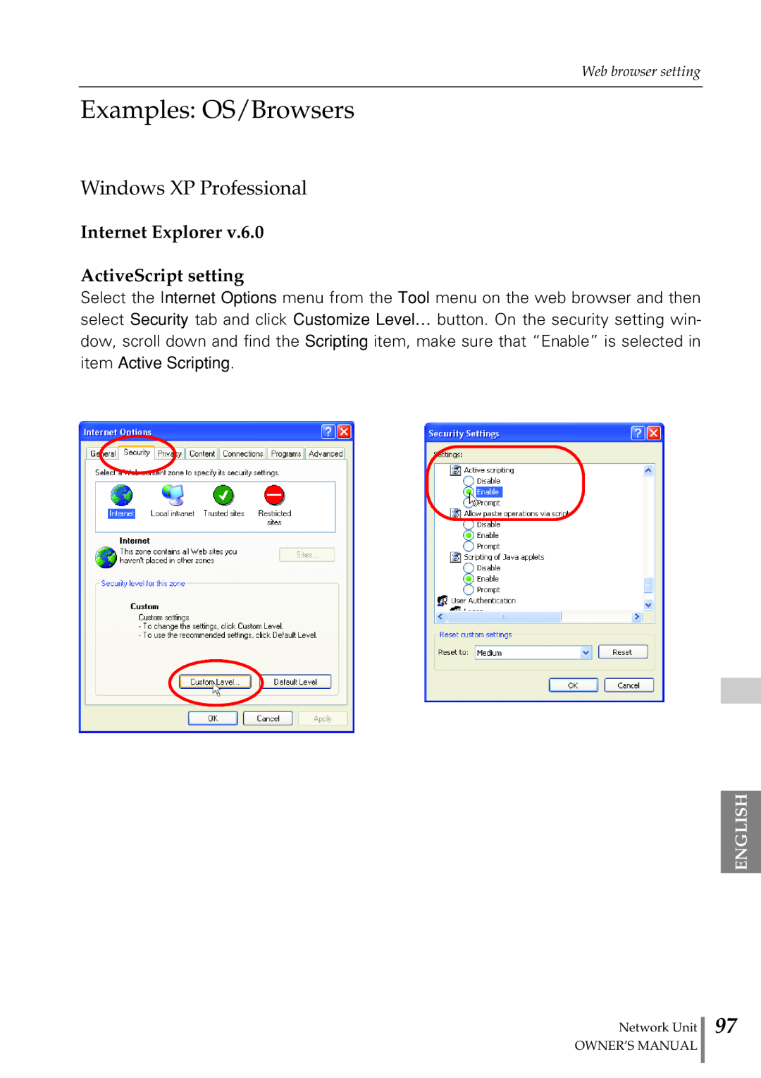 Eiki PjNET-20 owner manual Examples OS/Browsers, Windows XP Professional, Internet Explorer ActiveScript setting, English 
