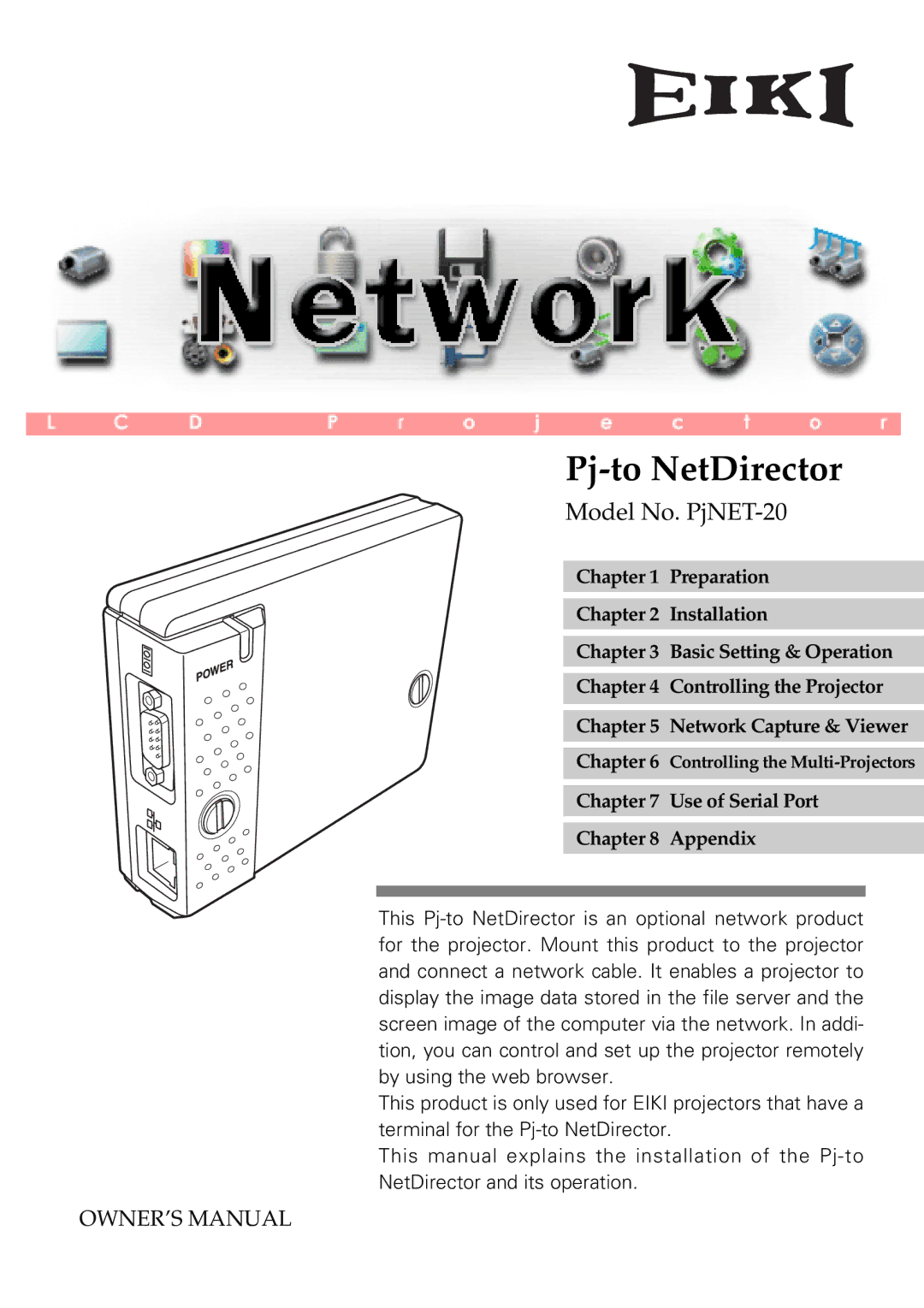 Eiki owner manual Pj-to NetDirector, Model No. PjNET-20 