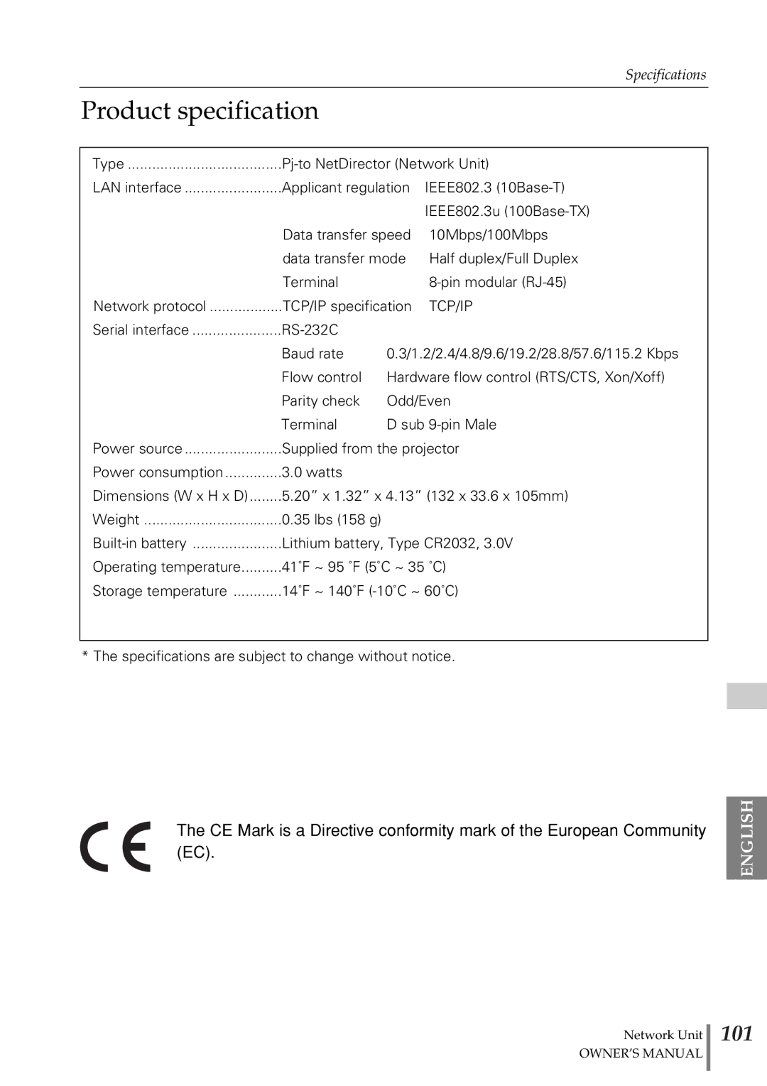 Eiki PjNET-20 owner manual Product specification, 101 