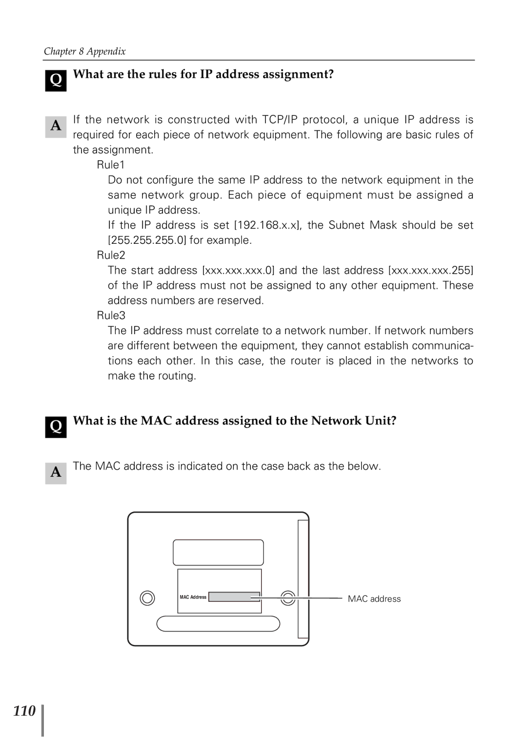 Eiki PjNET-20 110, What are the rules for IP address assignment?, What is the MAC address assigned to the Network Unit? 