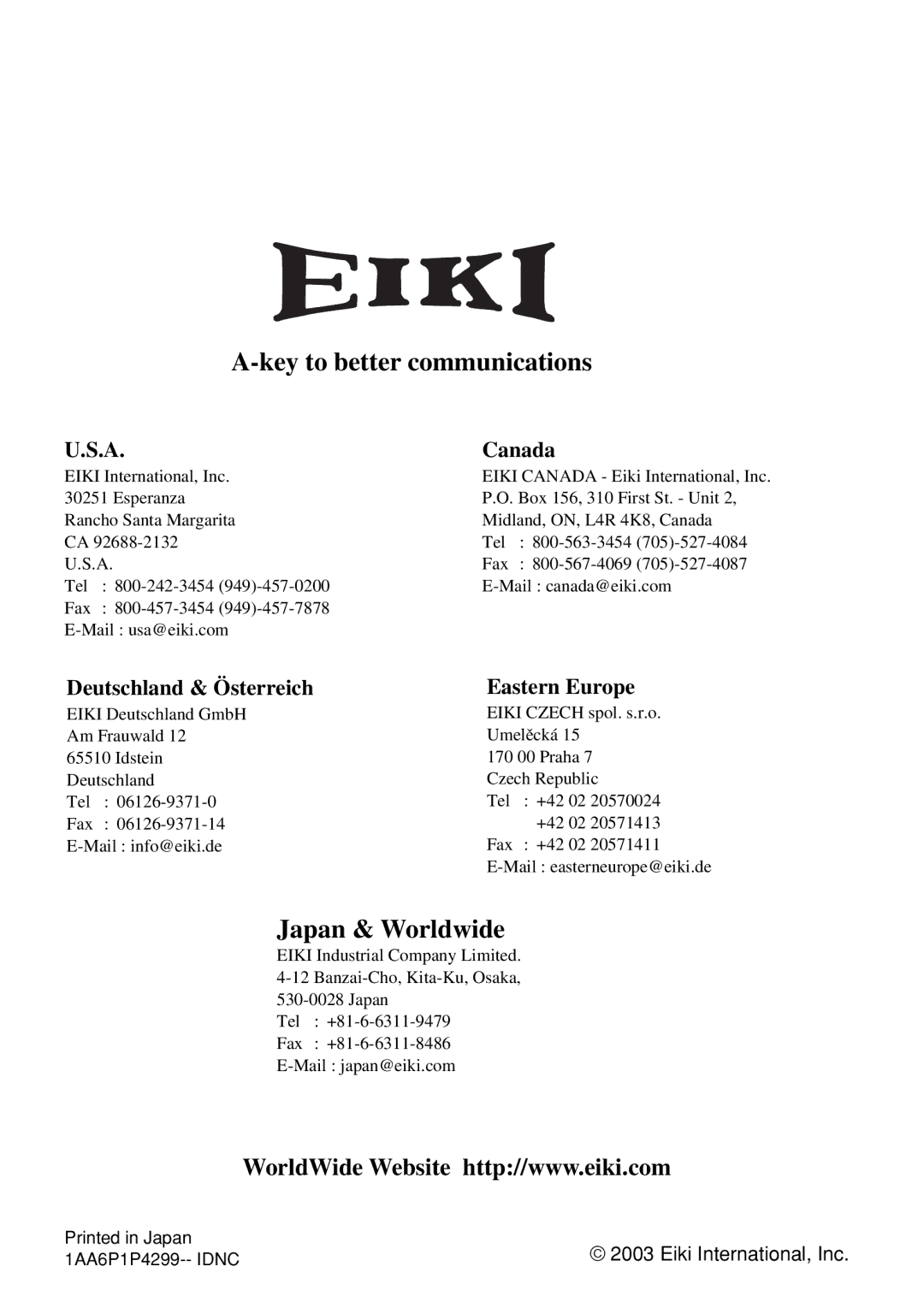 Eiki PjNET-20 owner manual Canada, Deutschland & Österreich Eastern Europe 