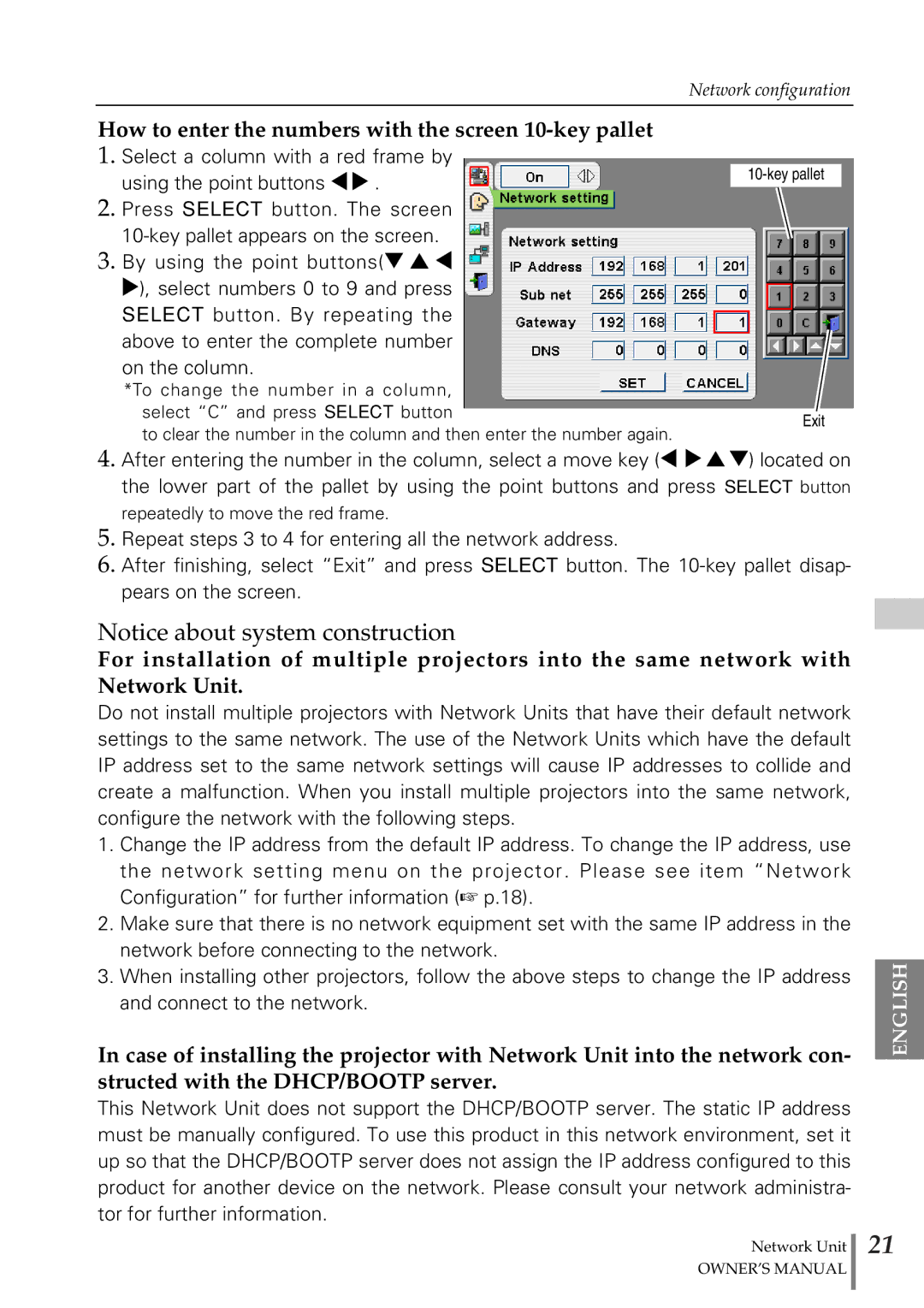 Eiki PjNET-20 owner manual How to enter the numbers with the screen 10-key pallet 