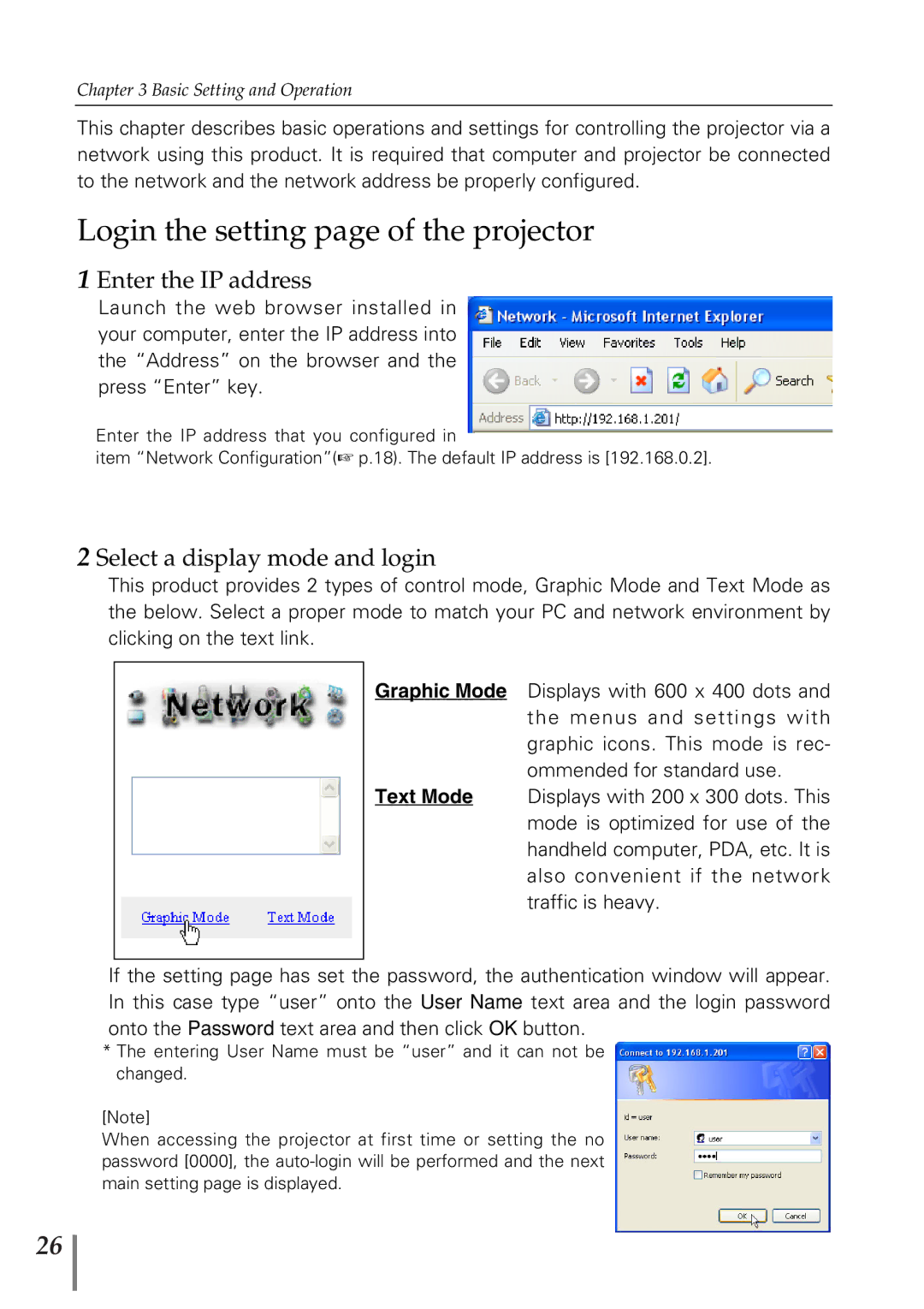 Eiki PjNET-20 owner manual Login the setting page of the projector, Enter the IP address, Select a display mode and login 