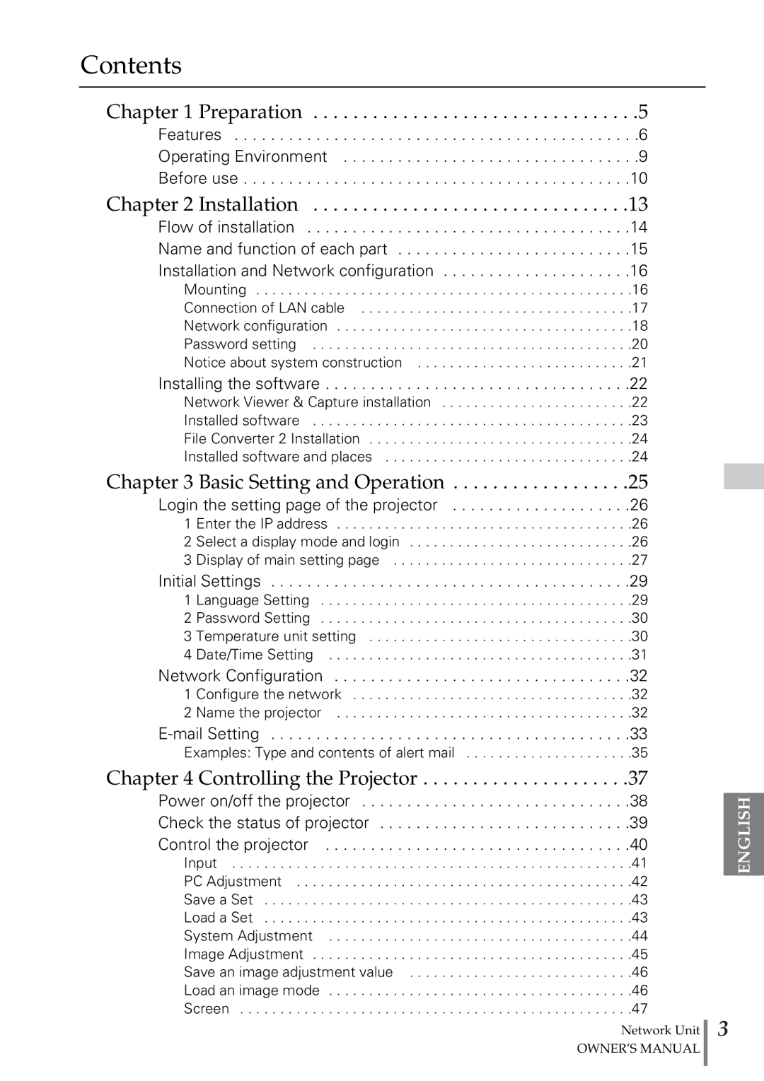 Eiki PjNET-20 owner manual Contents 