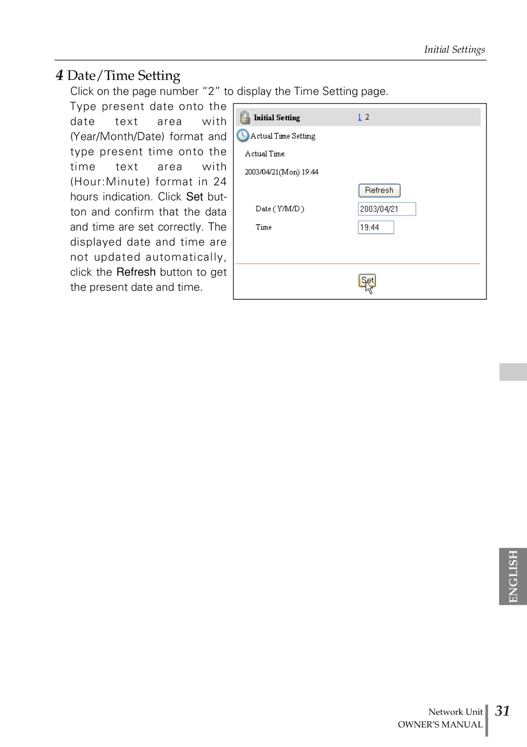 Eiki PjNET-20 owner manual Date/Time Setting 