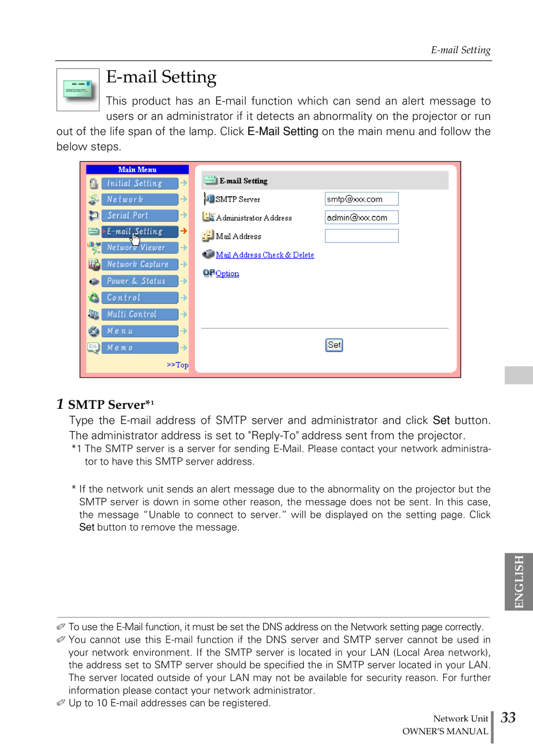 Eiki PjNET-20 owner manual Mail Setting, Smtp Server*1 