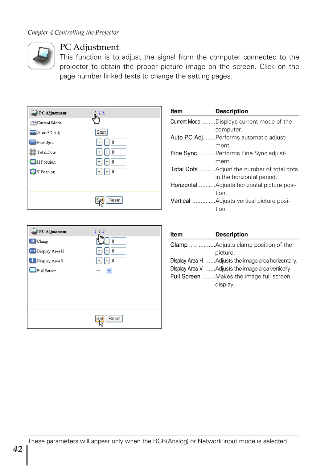 Eiki PjNET-20 owner manual PC Adjustment, Picture 