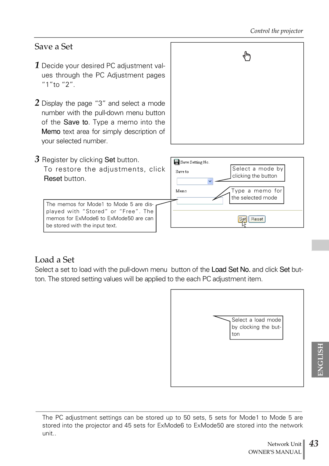 Eiki PjNET-20 owner manual Save a Set, Load a Set 