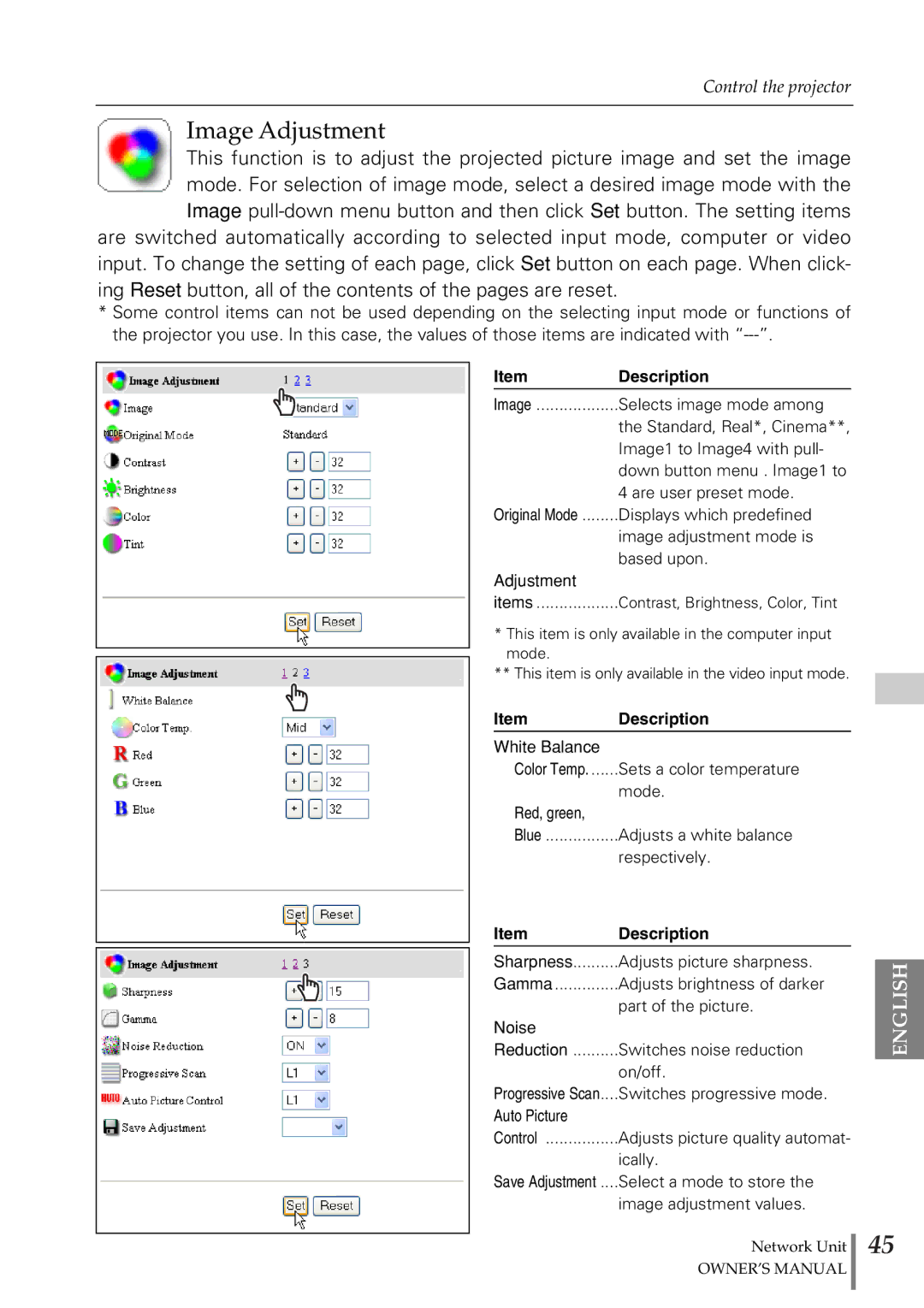 Eiki PjNET-20 owner manual Image Adjustment 