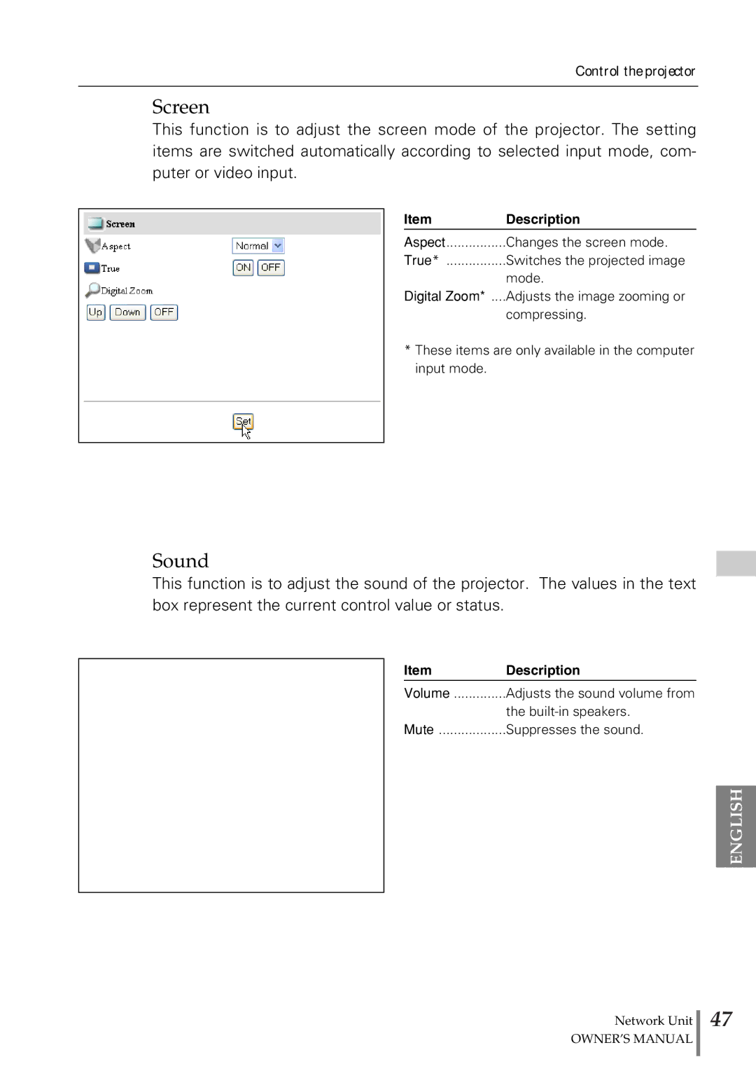 Eiki PjNET-20 owner manual Screen, Sound 