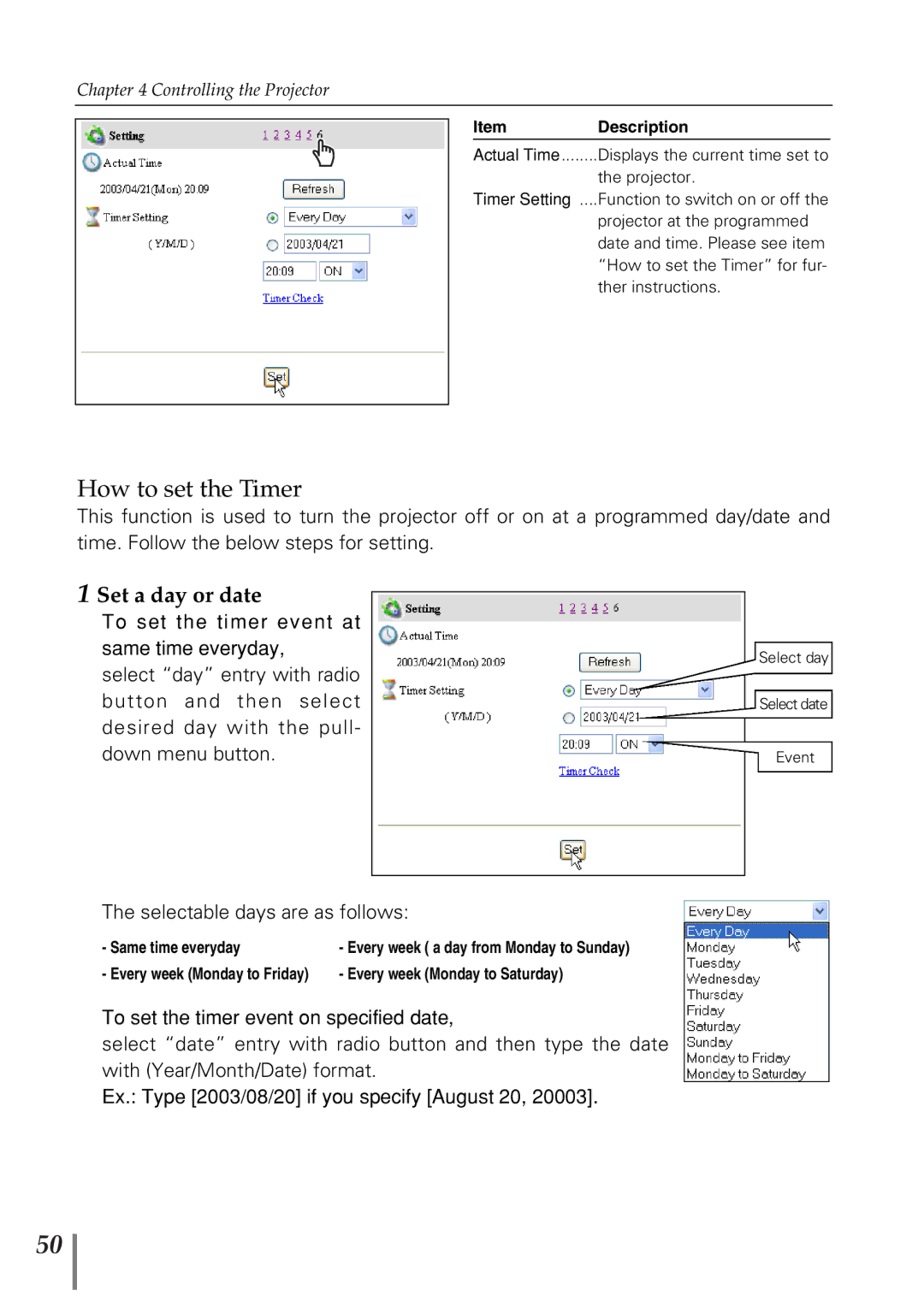 Eiki PjNET-20 owner manual How to set the Timer, Set a day or date 