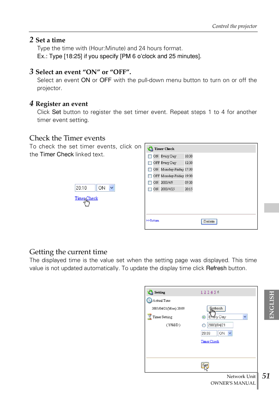 Eiki PjNET-20 Check the Timer events, Getting the current time, Set a time, Select an event on or OFF, Register an event 