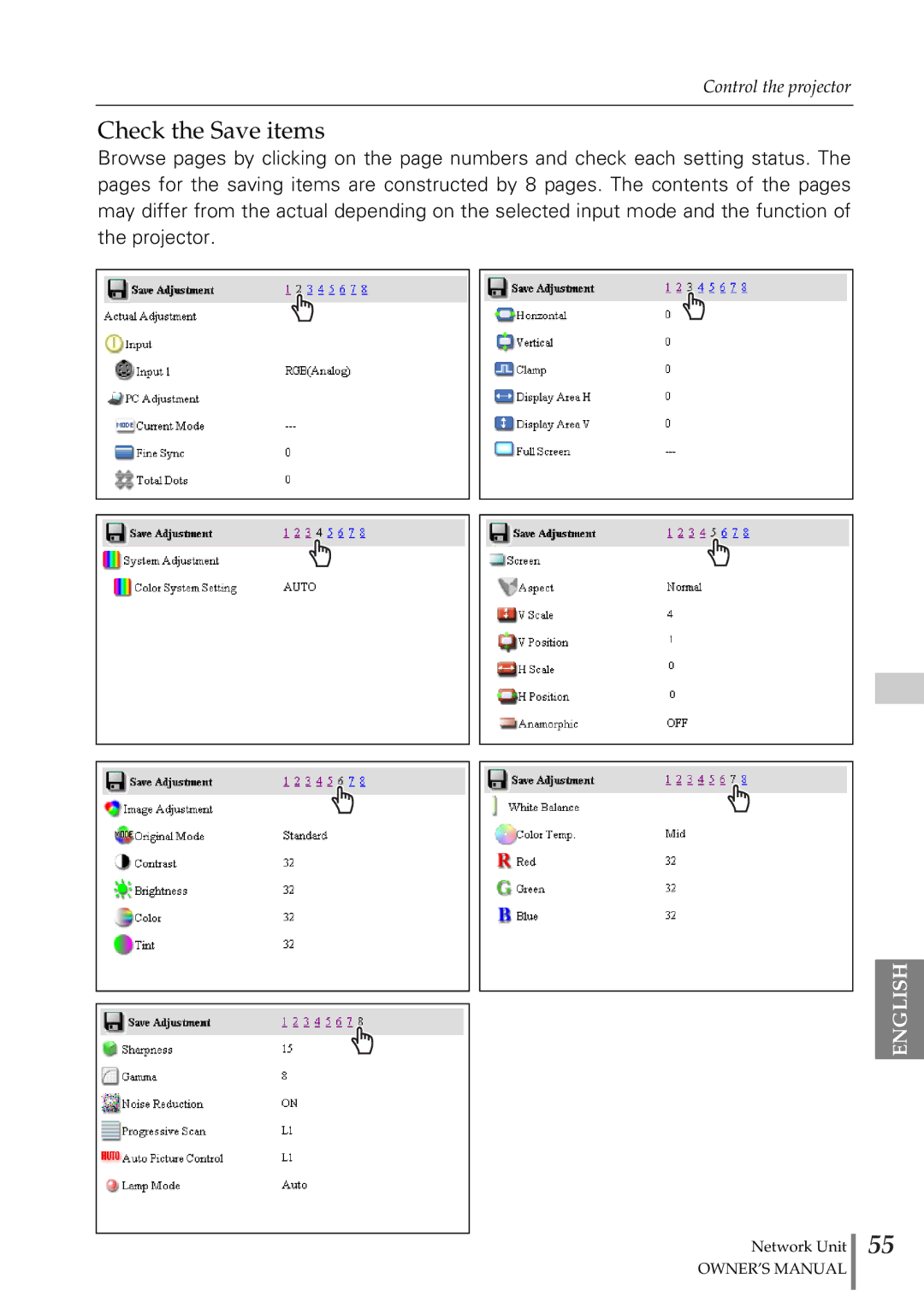 Eiki PjNET-20 owner manual Check the Save items 