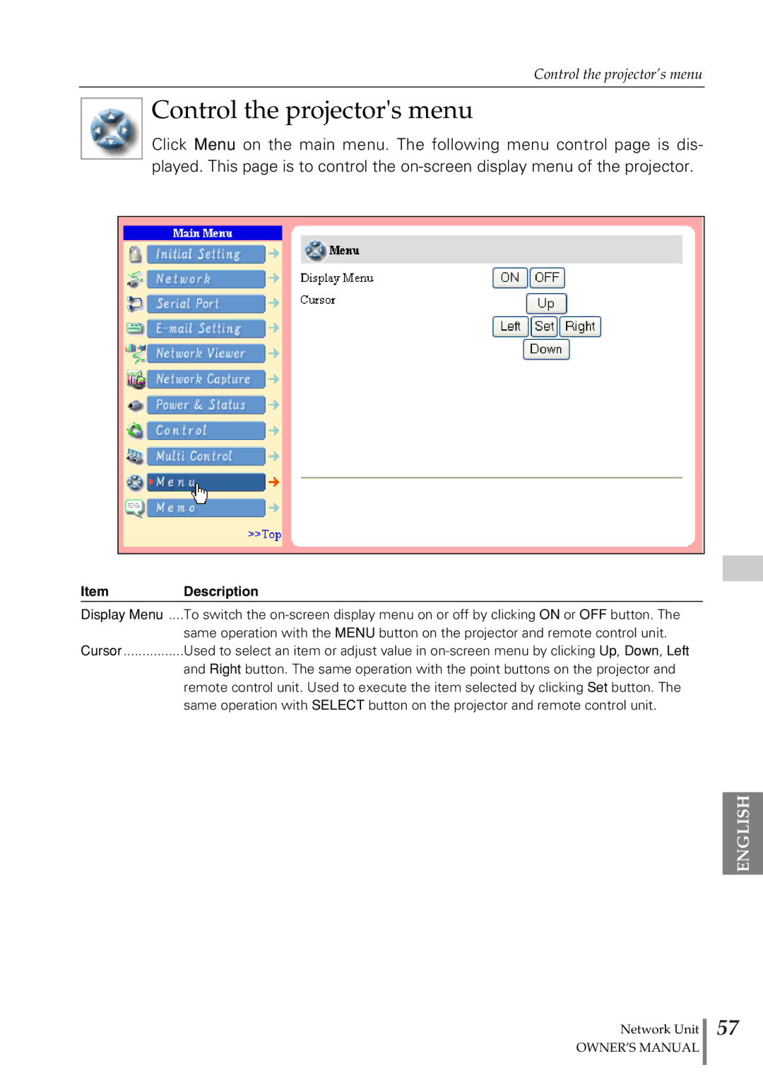 Eiki PjNET-20 owner manual Control the projectors menu 