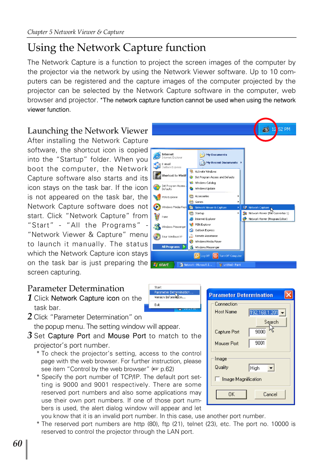 Eiki PjNET-20 owner manual Using the Network Capture function, Launching the Network Viewer, Parameter Determination 