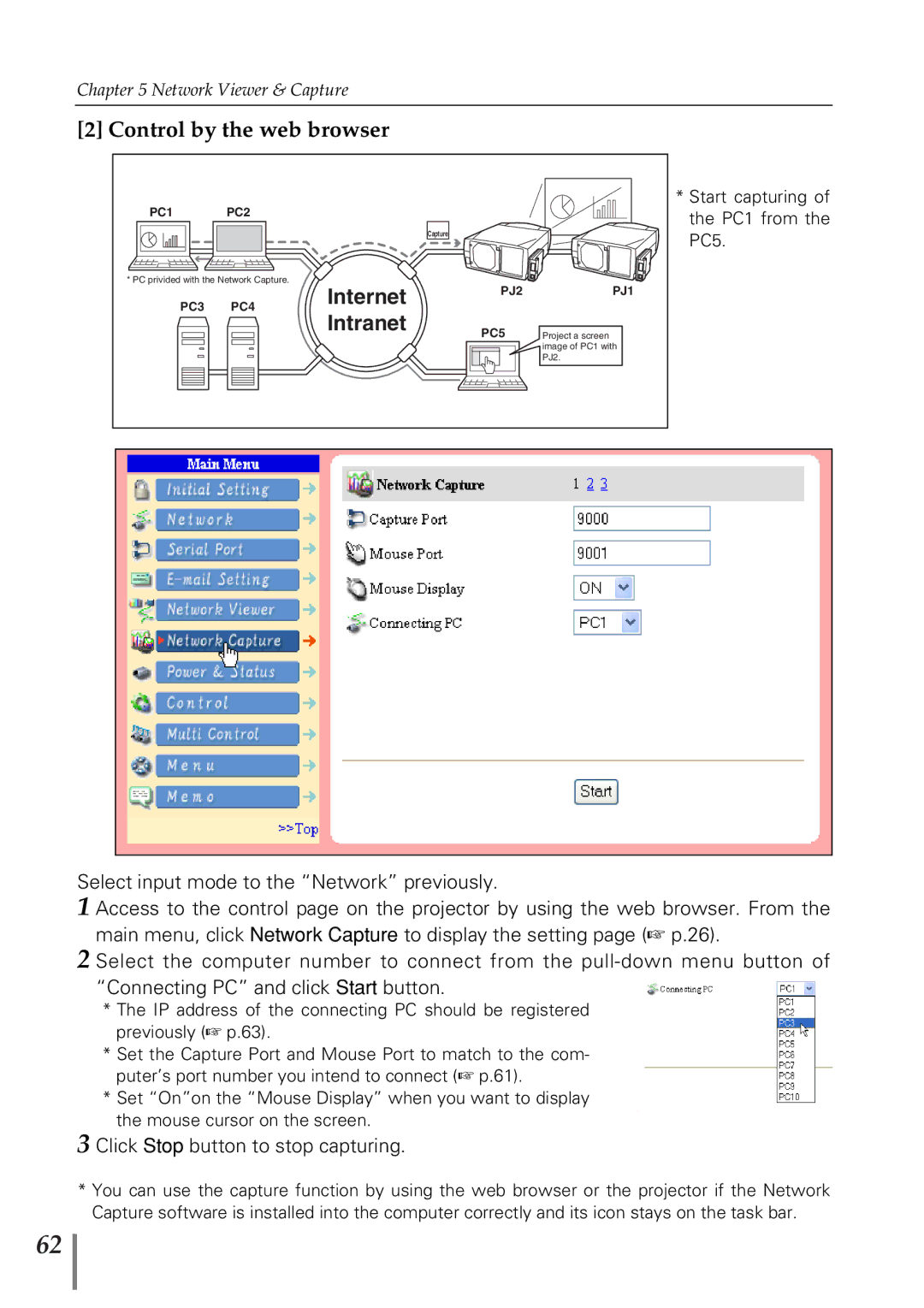 Eiki PjNET-20 owner manual Control by the web browser, Click Stop button to stop capturing 