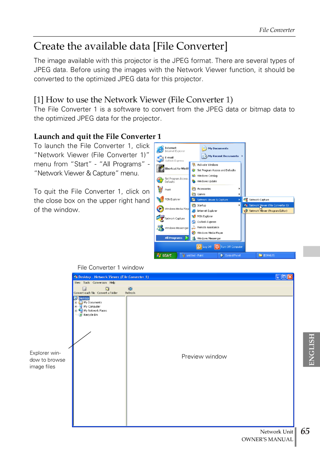 Eiki PjNET-20 owner manual Create the available data File Converter, How to use the Network Viewer File Converter 