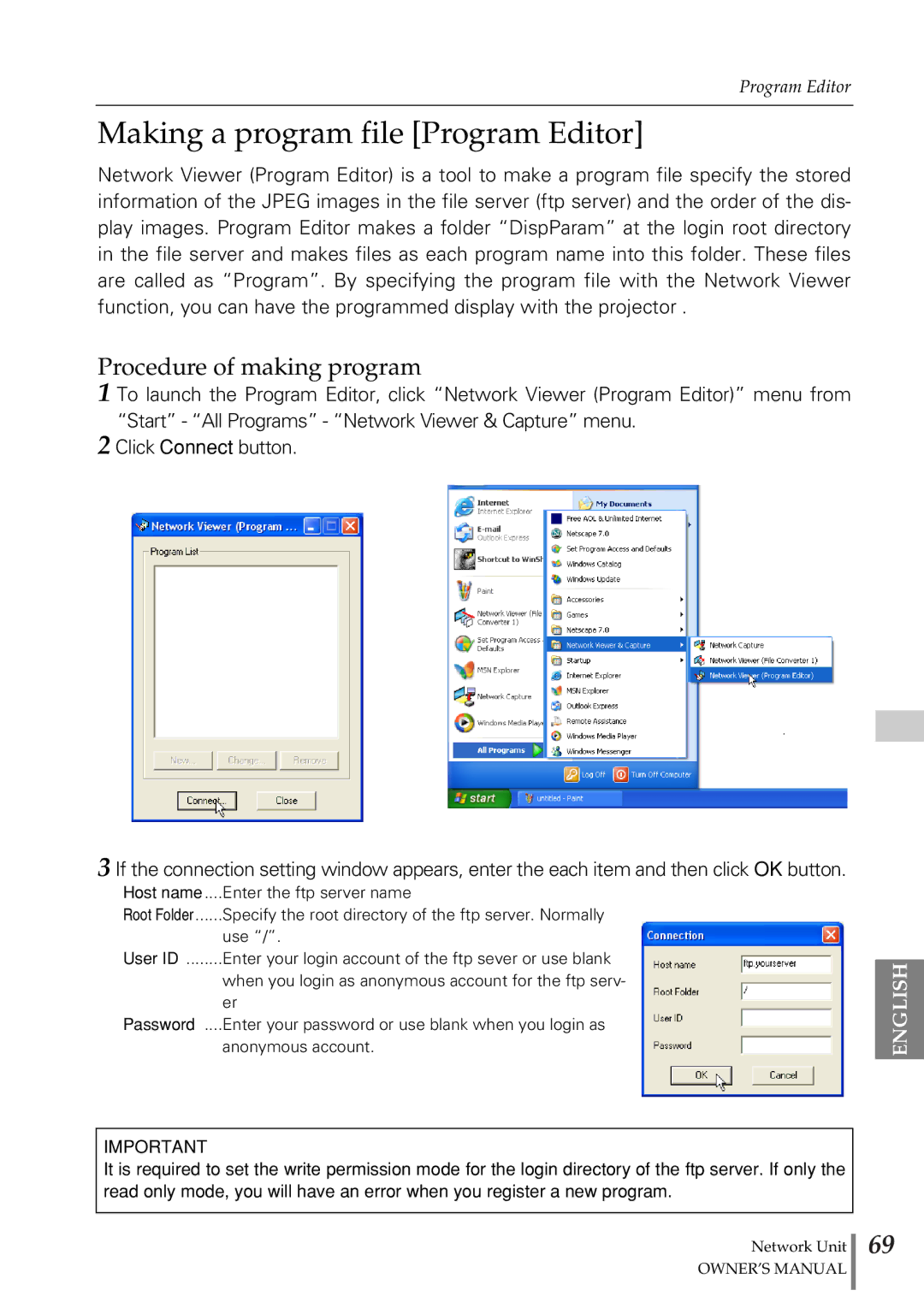 Eiki PjNET-20 owner manual Making a program file Program Editor, Procedure of making program 